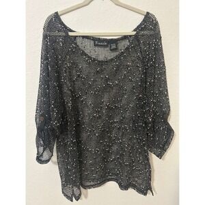 Frazzle Womens XXL Black White Mesh Knit 3/4 Sleeve Scoop Neck Top Layering